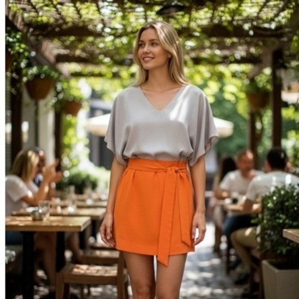 Diane Von Furstenberg Colorblock V Neck Dolman Sleeve Belted Dress Orange Grey 6